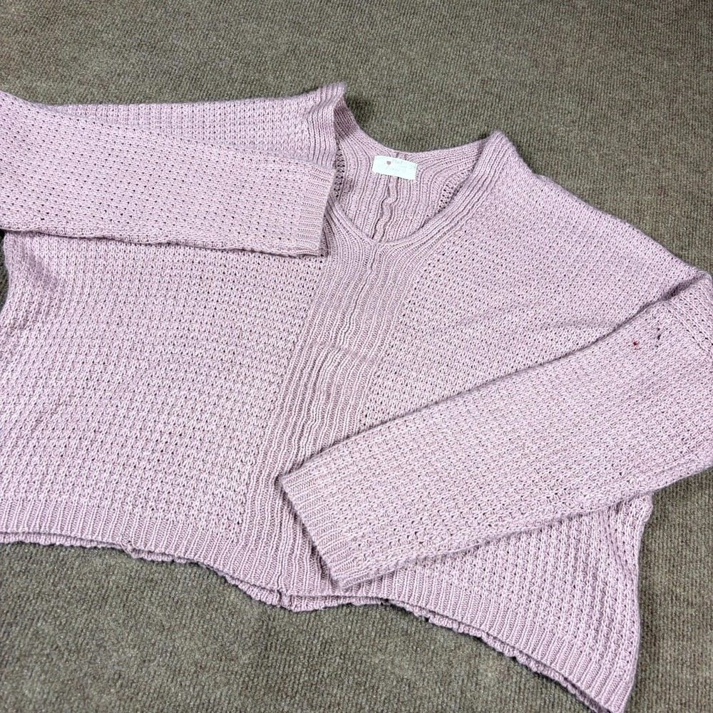 Poof Apparel Sweater Womens Medium Pink Cotton Loose Open Knit V Neck Winter